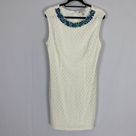 Dressbarn White Sleeveless Sheath Dress Size 14 Beaded Neckline Cocktail Wear - Picture 1 of 8